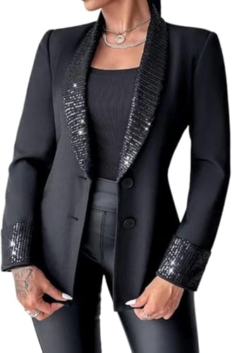 Goolecrimp Damen Frühling Pailletten Blazer Business Büro Lässig Langarm Glänzend Pailletten Spleißen Elegante Einfarbig Kleine Blazer Jacke (Schwarz,M) von Goolecrimp