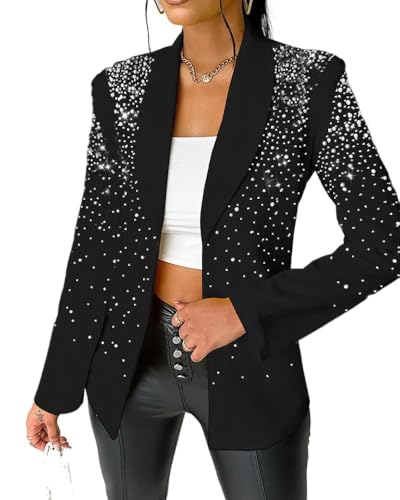 Goolecrimp Damen Frühling Strass verschönert Business Casual Blazer voll gefüttert lässig Business Elegante Büro Jacke offenes Revers Jacke (schwarz 2,S) von Goolecrimp