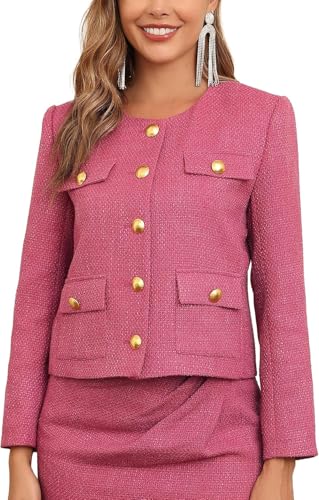 Goolecrimp Damen Frühling Tweed Jacke Langarm Revers Casual Anzug Jacke Frühling Sommer Elegant Rundkragen mit Taschen Business Jacke (Rose,M) von Goolecrimp