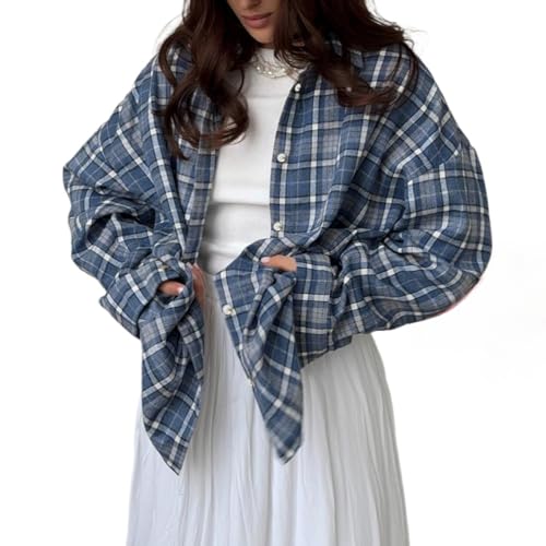 Goolecrimp Damen Frühling und Herbst Mode Revers lose Lange Ärmel Knopf große Größe Flanellhemd lässig Knopf mit Tasche Vintage lose Streetwear (Blau Grau,XL) von Goolecrimp