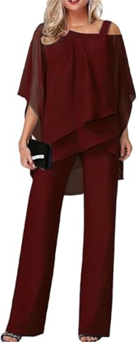 Goolecrimp Damen Frühling und Herbst Zweiteilige atmungsaktive Brautkleider Arbeits Anzug Hochzeit Gast Party Anzug lässig unregelmäßige Chiffon Weite Bein Hosen Set (Rot,XL) von Goolecrimp