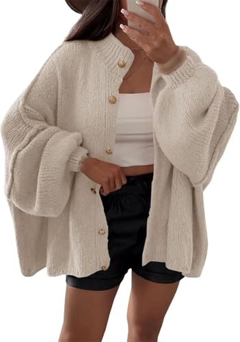 Goolecrimp Damen Frühlings-Cardigan mit Knopfleiste College-Stil Teenager-Kleidung der 2000er Jahre Vintage-Straße Rundhalsausschnitt Laterne lange Ärmel dicke Strickjacke (Mandel,L) von Goolecrimp