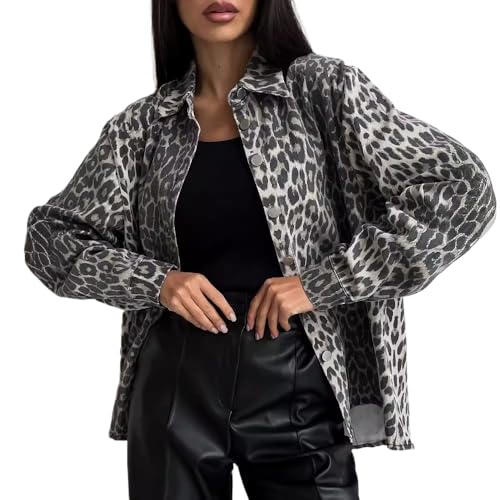 Goolecrimp Damen Herbst Neue Knopf Langarm Leopardenmuster Jeansjacke Langarm Herbst mit Taschen Tops Vintage Version Knopfjacke Tops (Leopard 1,M) von Goolecrimp