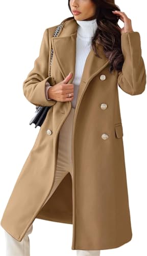 Goolecrimp Damen Herbst und Winter Revers doppelreihig Büro klassischer Mantel Arbeitskleidung lang Slim Erbsenmantel Revers doppelreihig Tweedjacke (Khaki,L) von Goolecrimp
