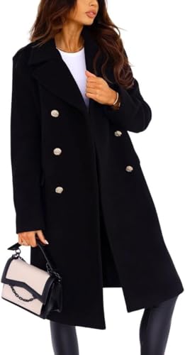 Goolecrimp Damen Herbst und Winter Revers doppelreihig Büro klassischer Mantel Arbeitskleidung lang Slim Erbsenmantel Revers doppelreihig Tweedjacke (Schwarz,3XL) von Goolecrimp