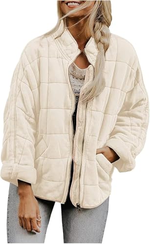 Goolecrimp Damen Herbst und Winter Warme Jacke Mode Freizeit Reiß Verschluss Langarm Mantel Lose Klassische Vielseitige Einfarbige Jacke mit Taschen (Beige,M) von Goolecrimp