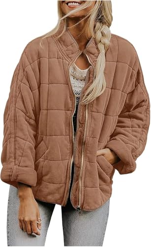 Goolecrimp Damen Herbst und Winter Warme Jacke Mode Freizeit Reiß Verschluss Langarm Mantel Lose Klassische Vielseitige Einfarbige Jacke mit Taschen (Braun,L) von Goolecrimp