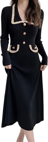 Goolecrimp Damen Herbstkleid mit goldenen Knöpfen Strickkleid Midi-Winterkleid aus warmem Strick Elegantes lässiges leichtes Pulloverkleid mit V-Ausschnitt (Schwarz,XL) von Goolecrimp