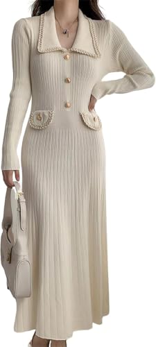 Goolecrimp Damen Herbstkleid mit goldenen Knöpfen Strickkleid Midi-Winterkleid aus warmem Strick Elegantes lässiges leichtes Pulloverkleid mit V-Ausschnitt (Weiß,S) von Goolecrimp