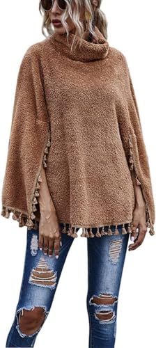 Goolecrimp Damen Hoher Hals Plüsch Schal Mode Langarm Lose Quaste Saum Pullover Poncho Elegant Lässig Braun Winter Warm Poncho (Braun,S) von Goolecrimp