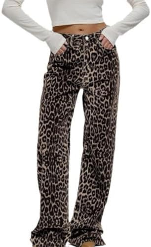 Goolecrimp Damen Jeans mit Leoparden Muster Y2K Mode Eleganter Trend Vintage Flare Gerade mit Taille Schlauch mit Hellem Leoparden Muster (Leoparden-Druck,M) von Goolecrimp
