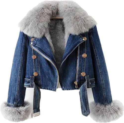 Goolecrimp Damen Jeansjacke Mode Trend Revers warm Plüsch Futter Jeansjacke elegant lässig verdickt pelzigen Winter lose Jacke (Dunkelblau,M) von Goolecrimp