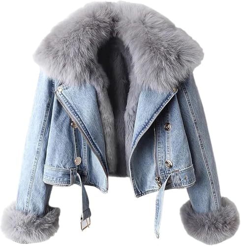 Goolecrimp Damen Jeansjacke Mode Trend Revers warm Plüsch Futter Jeansjacke elegant lässig verdickt pelzigen Winter lose Jacke (Hellblau,XL) von Goolecrimp