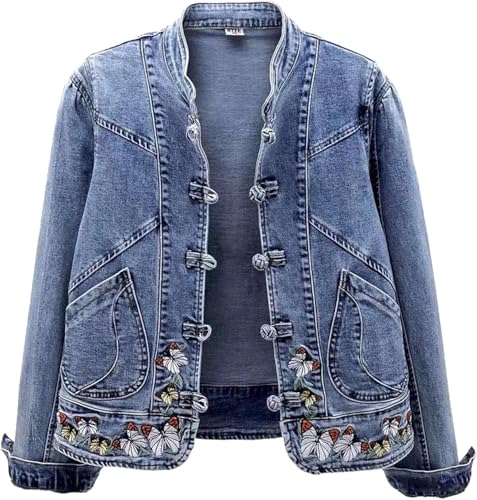 Goolecrimp Damen Jeansjacke mit Knopfleiste Stretch Lange Ärmel mit Taschen Basic Zwei Seitentaschen vorne kragenlose Jacke Vintage-Jeansjacke (Blau,XL) von Goolecrimp