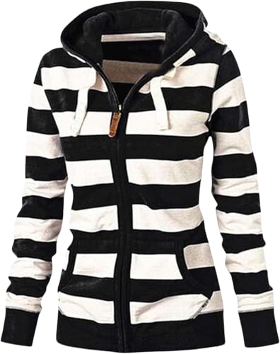 Goolecrimp Damen Kapuzen Sweatshirt Mode lässig lose gestreift Reißverschluss Sweatshirt Trendy leichtes lässig Lange Ärmel schlank Colorblocking Jacke (Schwarz,XXL) von Goolecrimp