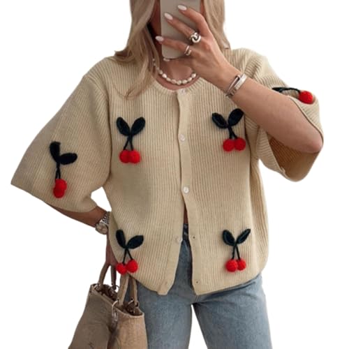 Goolecrimp Damen Kurzarm Strickjacke Pullover Sommer Kurzarm Häkel knopf Knopf Schulter Pullover Basic Casual Button Kirsche Muster Strick Oberteil (Apricot,L) von Goolecrimp
