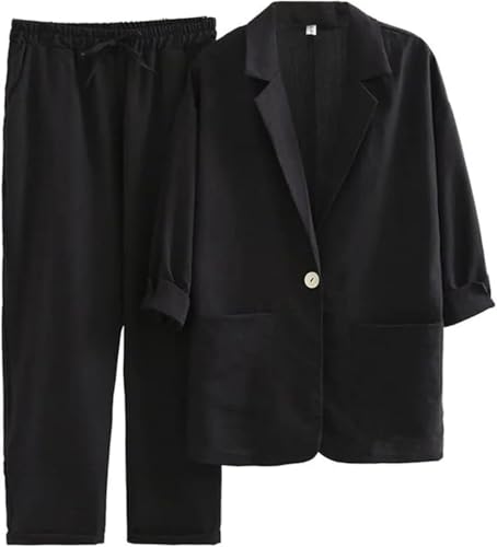 Goolecrimp Damen Lässiger Baumwollleinen-Blazer und gerade geschnittene Hose mit weitem Bein Zweiteiliger Sommer-Business-Arbeitsanzug Business-Casual-Kleid (Schwarz,L) von Goolecrimp