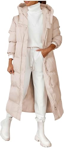 Goolecrimp Damen Lange Daunenjacke Mode Trend Lässig Winter Langarm Geknöpft Kapuzen Daunenjacke Business Elegant Einfarbig Warmer Mantel (Helles Khaki,XXL) von Goolecrimp