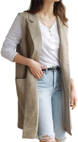 Goolecrimp Damen Lange Leinen Strickjacke Mode lässig leichte Sommer ärmellose Vintage-Jacke Elegant ärmellose Strickjacke (Khaki,M) von Goolecrimp