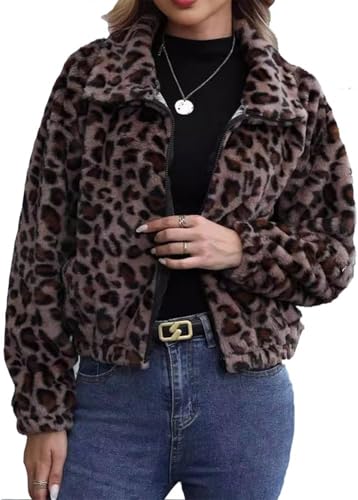 Goolecrimp Damen Leoparden Plüschjacke Modische lockere lässige Dicke warme Jacke Herbst und Winter-Straßentrend Outdoor Windjacke (Leopardenmuster,S) von Goolecrimp
