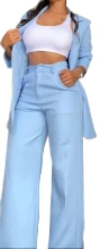 Goolecrimp Damen Mode Formeller Blazer Und Gerade Geschnittene Hose Im Set Elegantes Zweiteiliges Set Für Business Und Freizeit Im Büro Hosenanzug Für Hochzeitsgäste Zum Abendessen (Blau,L) von Goolecrimp