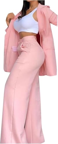 Goolecrimp Damen Mode Formeller Blazer Und Gerade Geschnittene Hose Im Set Elegantes Zweiteiliges Set Für Business Und Freizeit Im Büro Hosenanzug Für Hochzeitsgäste Zum Abendessen (Rosa,XL) von Goolecrimp