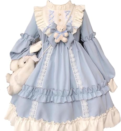 Goolecrimp Damen Niedlich Und Süß Japanischen Lolita Prinzessin Kleid Y2K Frühling Und Herbst Leichtes Kawaii Cosplay Party Langärmelige Lolita Kleider (Blau,S) von Goolecrimp