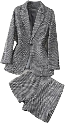 Goolecrimp Damen Pailletten Blazer und Shorts Zweiteiliges Set Frühling und Herbst Plaid Revers Elegantes Blazer Set Business Büro Hochzeitsgast Hosenanzug (Grey,M) von Goolecrimp