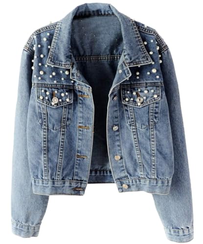 Goolecrimp Damen Perlen Denim Jacke Vintage Damen Denim Jacke Stretch Denim Langarm Tasche Denim Jacke Perlen und Diamant Jacke (Blau,XXL) von Goolecrimp