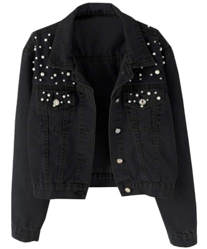 Goolecrimp Damen Perlen Denim Jacke Vintage Damen Denim Jacke Stretch Denim Langarm Tasche Denim Jacke Perlen und Diamant Jacke (Schwarz,S) von Goolecrimp
