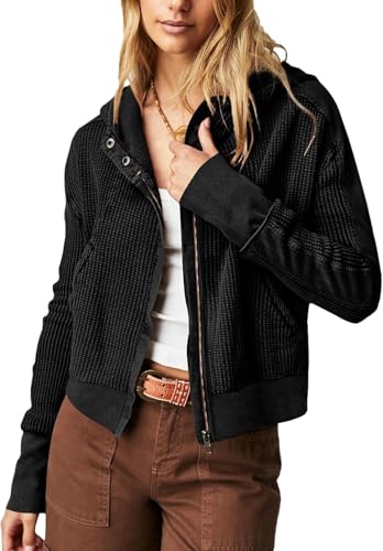 Goolecrimp Damen Reiß Verschluss Kapuzen Sweatshirt Mode Trend Elegant gestrickte Freizeit Kapuzen Jacke Lose Langarm Outdoor Sport Reiß Verschluss Kurzer Hoodie (Schwarz,L) von Goolecrimp