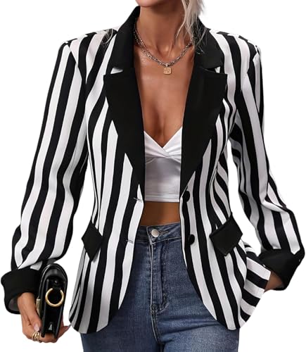 Goolecrimp Damen Schwarz und Weiß Gestreifter Blazer Mode Trendy Langarm Einreihig Vertikal Gestreifter Blazer Elegant Business Büro Party Jacke (Schwarz,XL) von Goolecrimp