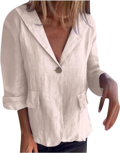 Goolecrimp Damen Sommer Leinen Blazer Formal lässig Revers Stretch Plissee Sieben Ärmel Blazer Voll Ausgekleidet Leichte Atmungsaktive Freizeit-Arbeits Jacke (Khaki,XXL) von Goolecrimp