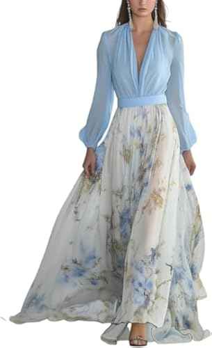 Goolecrimp Damen Sommer V-Ausschnitt Elegantes Blumenmuster Strand Langes Kleid Lockere Passform Bequemes Übergroßes Maxikleid Boho Blumenmuster Set (Blau,M) von Goolecrimp