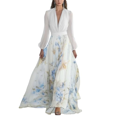 Goolecrimp Damen Sommer V-Ausschnitt Elegantes Blumenmuster Strand Langes Kleid Lockere Passform Bequemes Übergroßes Maxikleid Boho Blumenmuster Set (Weiß,L) von Goolecrimp