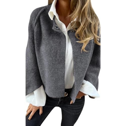 Goolecrimp Damen Strickjacke mit rundem Kragen Langen Ärmeln für die Arbeit im Büro Herbst und Winter weicher Warmer Cardigan mit Knöpfen modische Street-Shorts aus Tweed (Grau,S) von Goolecrimp