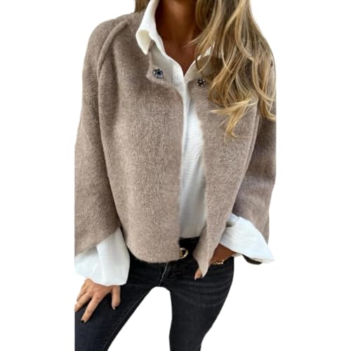 Goolecrimp Damen Strickjacke mit rundem Kragen Langen Ärmeln für die Arbeit im Büro Herbst und Winter weicher Warmer Cardigan mit Knöpfen modische Street-Shorts aus Tweed (Khaki,S) von Goolecrimp