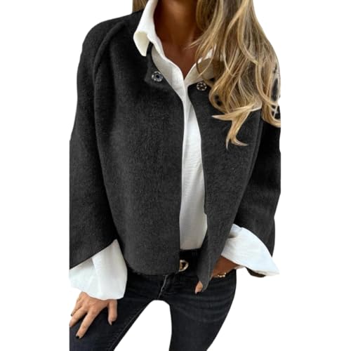 Goolecrimp Damen Strickjacke mit rundem Kragen Langen Ärmeln für die Arbeit im Büro Herbst und Winter weicher Warmer Cardigan mit Knöpfen modische Street-Shorts aus Tweed (Schwarz,S) von Goolecrimp