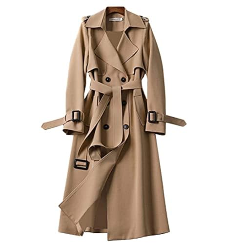 Goolecrimp Damen Trenchcoat in Volltonfarbe schmaler Trenchcoat mit Gürtelknopf Langer Mantel Oberbekleidung zweireihiger Revers-Trenchcoat kniehoher Mantel (Khaki,XL) von Goolecrimp