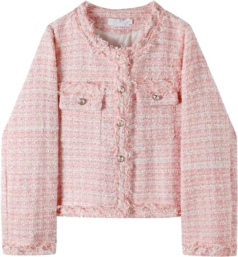 Goolecrimp Damen Tweed Blazer Frühling und Herbst Check Mode Klassische Rosa Karierte Jacke Arbeit Business Casual Gestrickte Quaste Knopf Blazer (Pink,L) von Goolecrimp