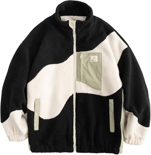 Goolecrimp Damen Tweed Jacke Mode lose volle Reißverschluss Welle Muster Colorblocking Winter Fleece Jacke Herren lässig warm leichte Jacke (Schwarz,M) von Goolecrimp