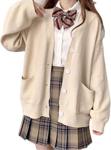 Goolecrimp Damen Varsity Pullover V-Ausschnitt Knopf Strickjacke mit Taschen Jacke Kawaii Süßer Pullover Oversized Cardigan Ästhetischer Langarm Strick (Mandel,Eine Größe) von Goolecrimp