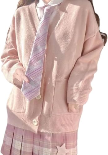 Goolecrimp Damen Varsity Pullover V-Ausschnitt Knopf Strickjacke mit Taschen Jacke Kawaii Süßer Pullover Oversized Cardigan Ästhetischer Langarm Strick (Rosa,Eine Größe) von Goolecrimp