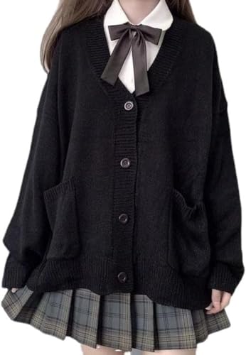 Goolecrimp Damen Varsity Pullover V-Ausschnitt Knopf Strickjacke mit Taschen Jacke Kawaii Süßer Pullover Oversized Cardigan Ästhetischer Langarm Strick (Schwarz,Eine Größe) von Goolecrimp