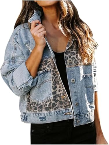 Goolecrimp Damen Vintage Jeans Jacke Mode Leopard Patchwork Design Langarm Knopf Kurze Jeans Jacke Frühling und Herbst Übergang Outdoor Sport Jacke (Blau,3XL) von Goolecrimp