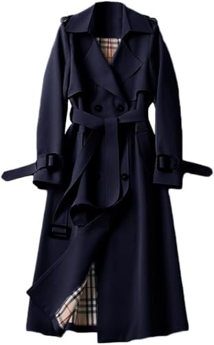 Goolecrimp Damen Windbreaker Zweireiher Freizeitmantel Frühling und Herbst Jacke Langer Revers einfarbiger Mantel Business Freizeit Mode Trenchcoat (Marineblau,3XL) von Goolecrimp