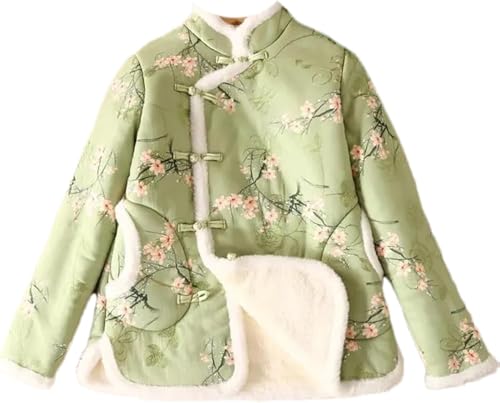 Goolecrimp Damen Winter Chinesisch verdickte Baumwolle Jacke Fleece Jacke lässig Button Down Mantel Cheongsam Stehkragen bestickt ethnischen Wind Mantel (Green,XL) von Goolecrimp