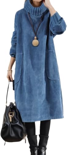Goolecrimp Damen Winter Cordkleid mit Taschen Hoher Kragen Cord Plus samtverdicktes mittellanges Cordkleid Warmes Maxikleid in Übergröße (Blau,4XL) von Goolecrimp