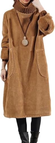 Goolecrimp Damen Winter Cordkleid mit Taschen Hoher Kragen Cord Plus samtverdicktes mittellanges Cordkleid Warmes Maxikleid in Übergröße (Kaffee,XXL) von Goolecrimp