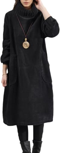 Goolecrimp Damen Winter Cordkleid mit Taschen Hoher Kragen Cord Plus samtverdicktes mittellanges Cordkleid Warmes Maxikleid in Übergröße (Schwarz,XL) von Goolecrimp